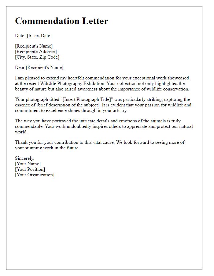 Letter template of commendation on wildlife photography showcase.