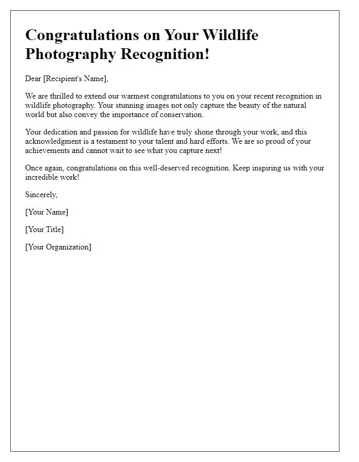 Letter template of congratulations on wildlife photography recognition.