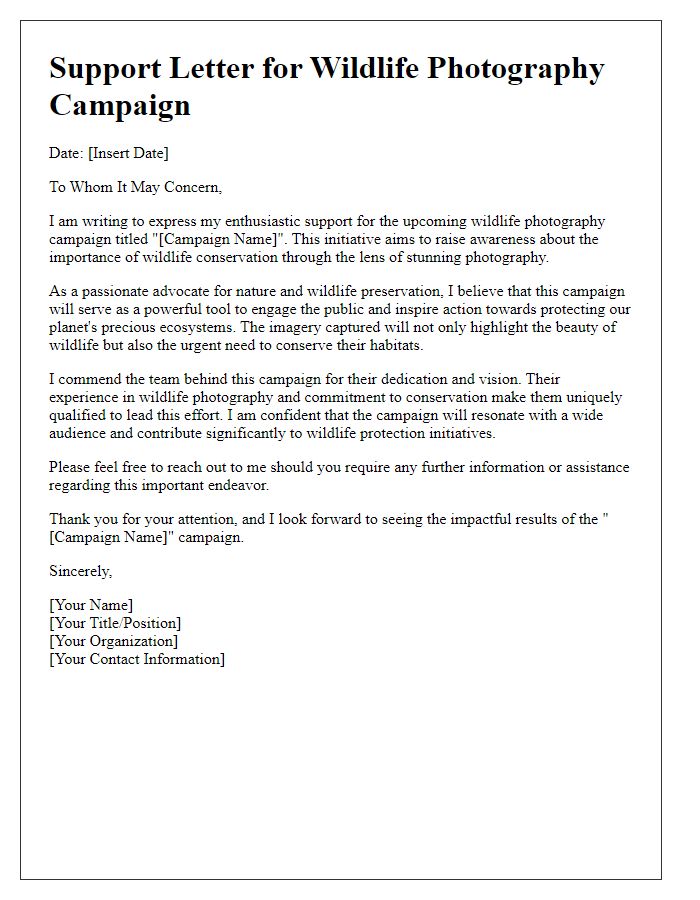 Letter template of support for a successful wildlife photography campaign.