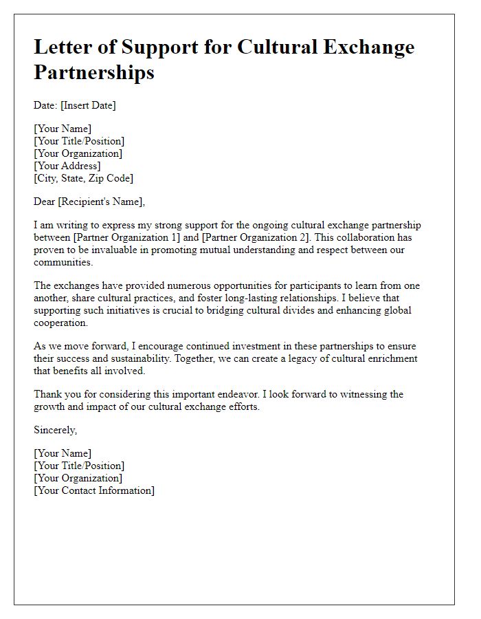 Letter template of support for ongoing cultural exchange partnerships.