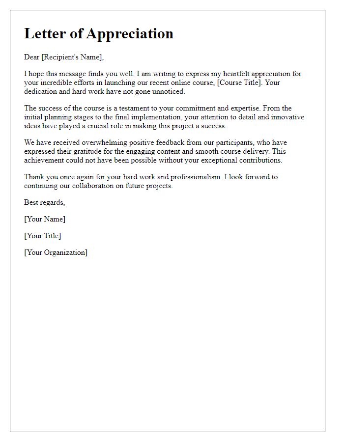 Letter template of appreciation for successful online course launch