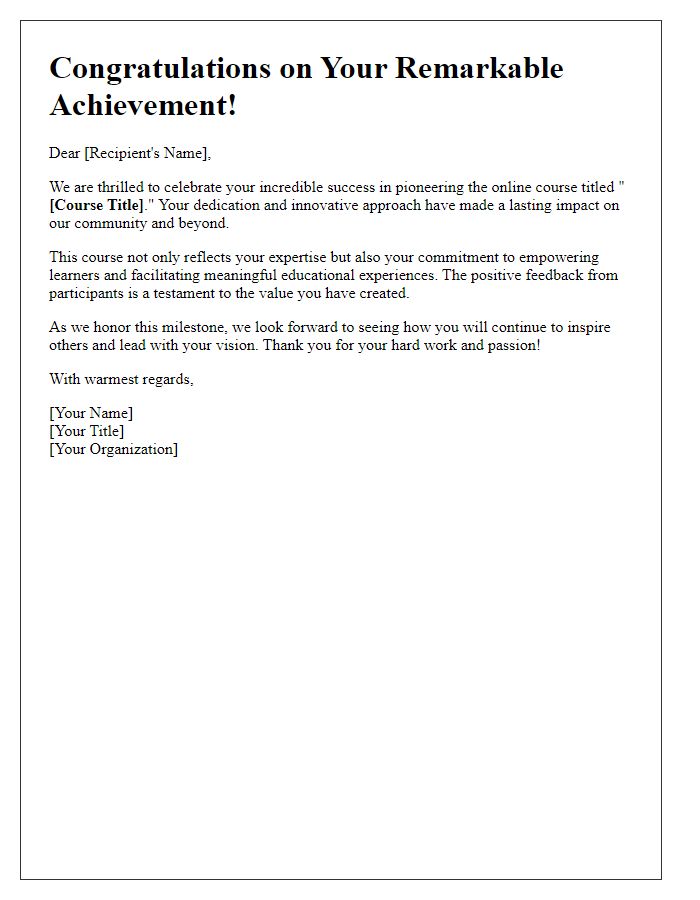 Letter template of celebration for pioneering an impactful online course