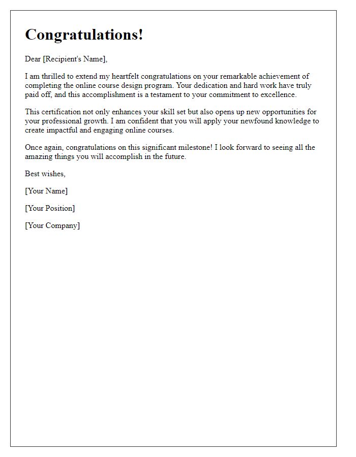 Letter template of congratulations on the achievement of online course design