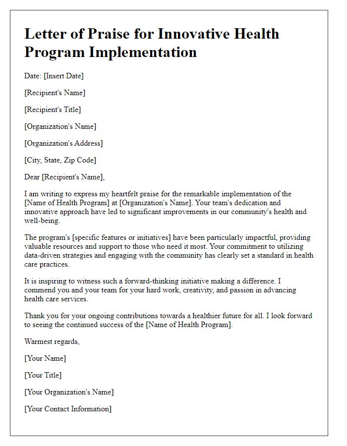 Letter template of praise for innovative health program implementation