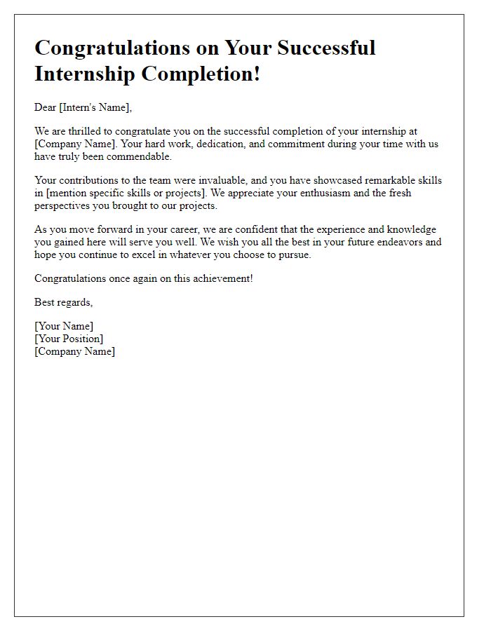 Letter template of congratulations on successful internship completion.