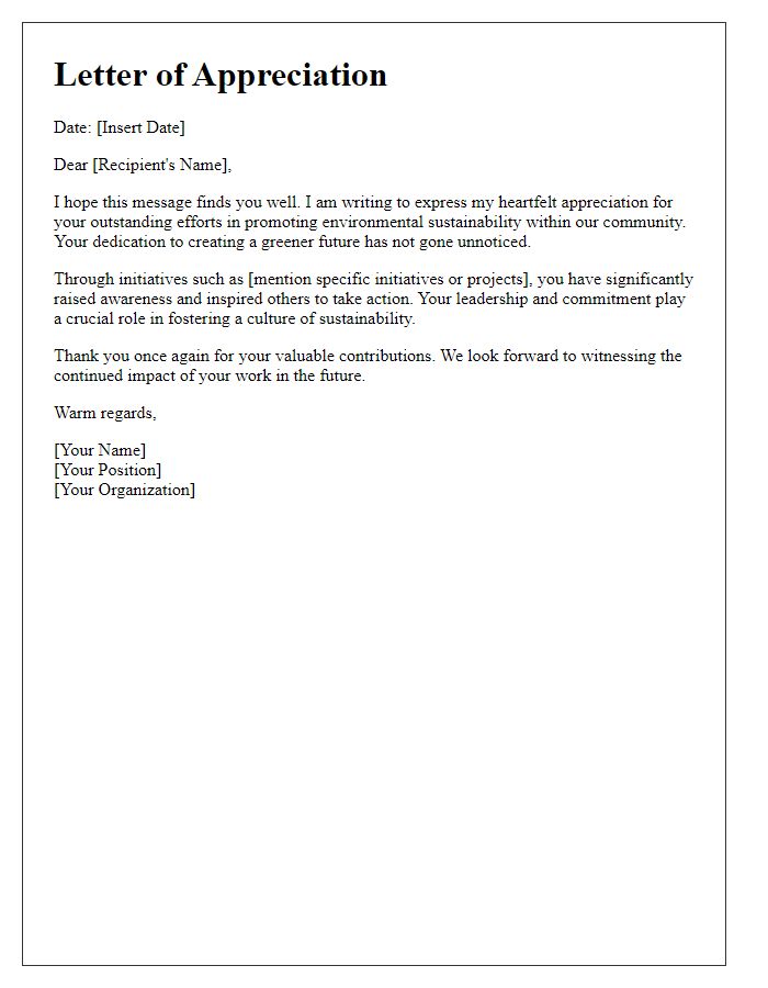 Letter template of appreciation for efforts in promoting environmental sustainability.