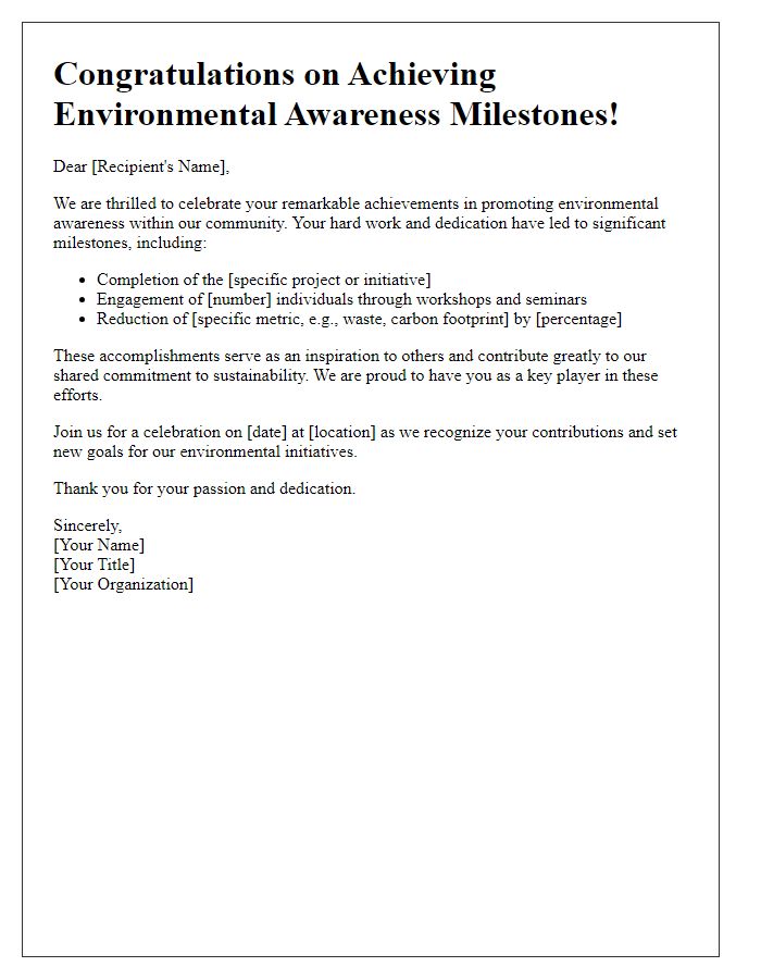 Letter template of celebration for achieving environmental awareness milestones.