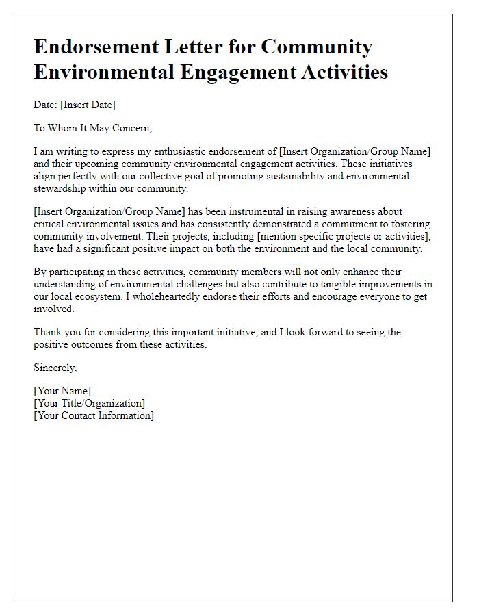 Letter template of endorsement for community environmental engagement activities.