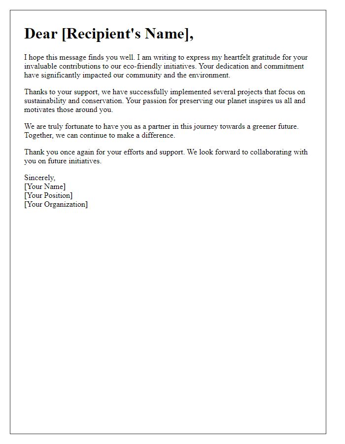 Letter template of gratitude for contributions to eco-friendly initiatives.