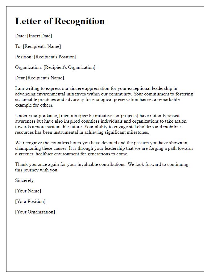 Letter template of recognition for exceptional leadership in environmental initiatives.