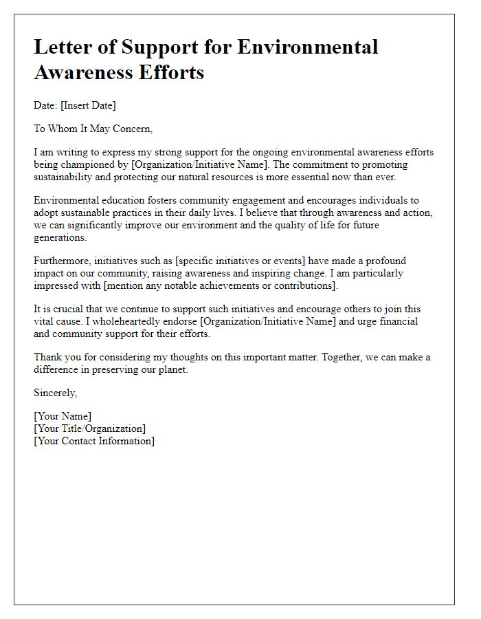 Letter template of support for ongoing environmental awareness efforts.