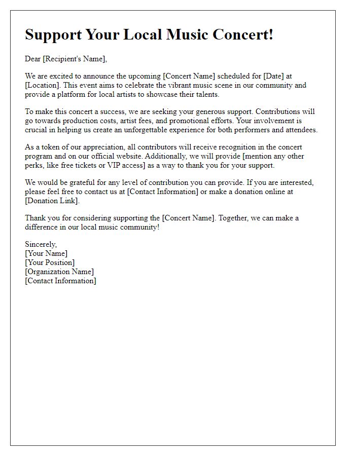 Letter template of contribution appeal for local music concert