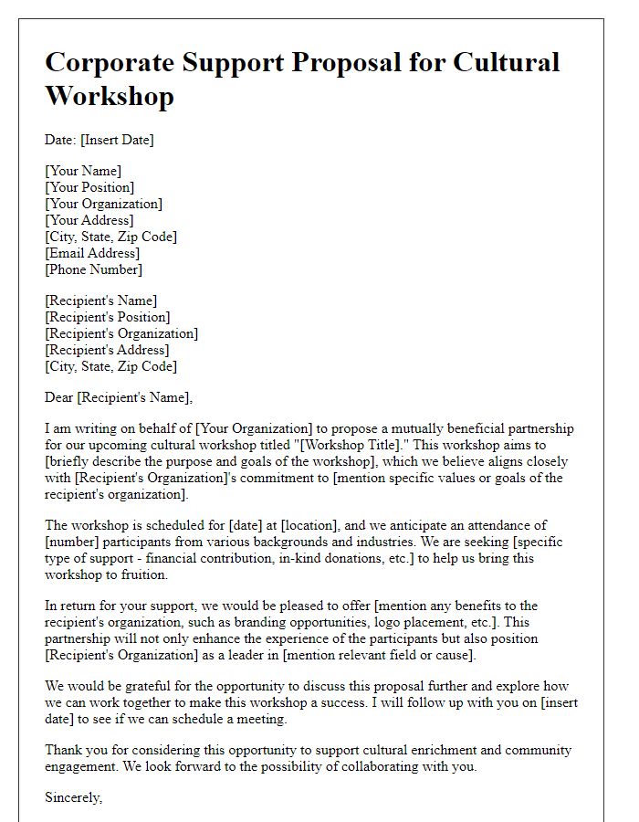 Letter template of corporate support proposal for cultural workshop