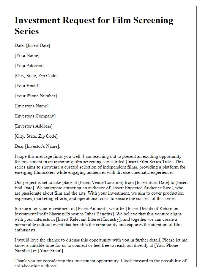 Letter template of investment request for film screening series