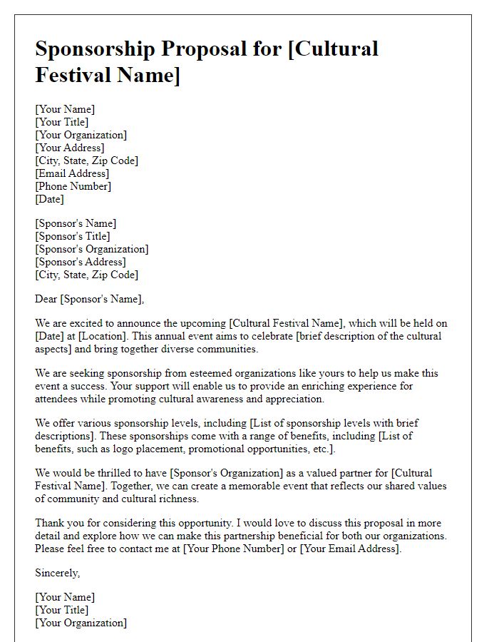 Letter template of sponsorship proposal for a cultural festival