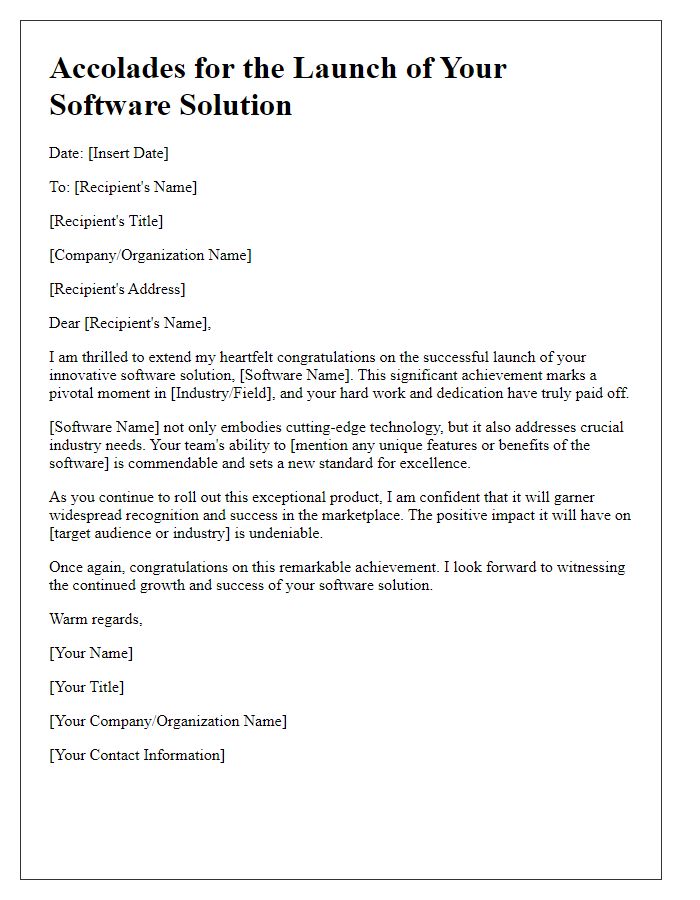 Letter template of accolades for the launch of your software solution