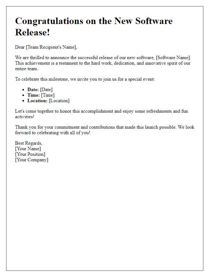 Letter template of celebration for your new software release