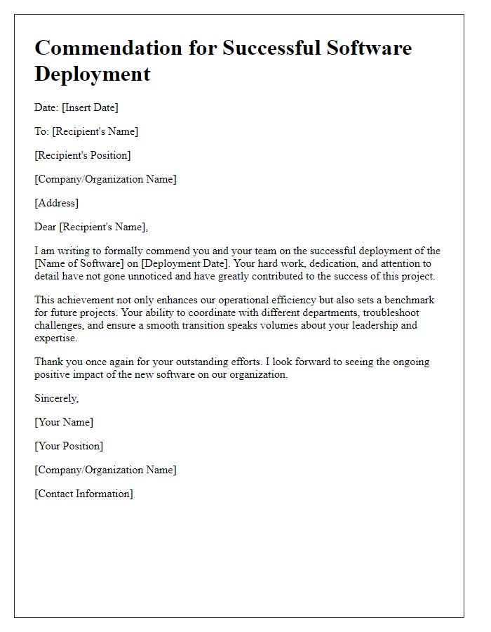 Letter template of commendation for successful software deployment