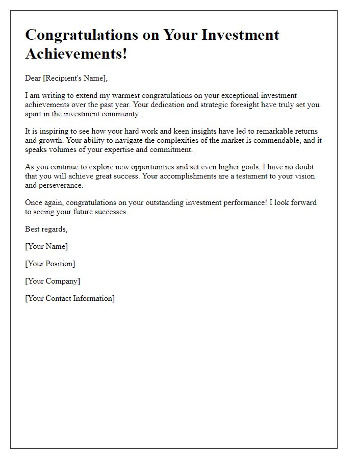 Letter template of congratulations on outstanding investment achievements.