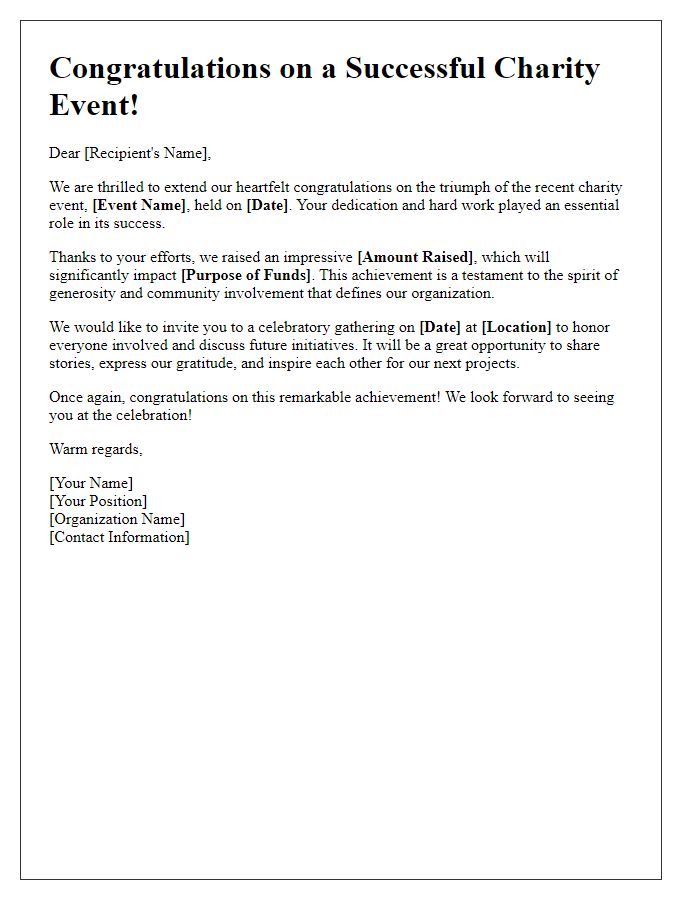 Letter template of celebration for charity event triumph