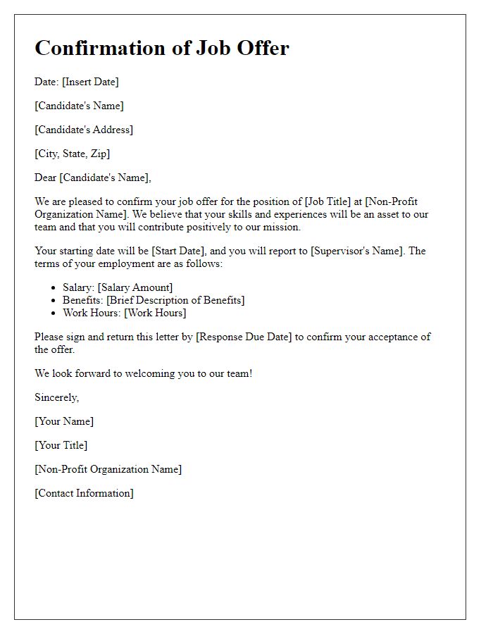 Letter template of confirmation for non-profit job offer