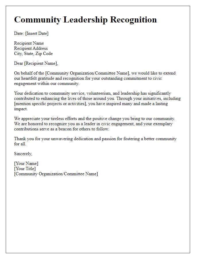 Letter template of community leadership recognition for civic engagement.