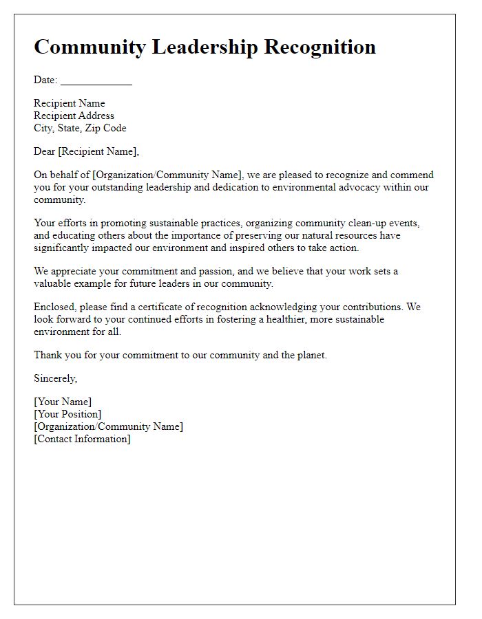 Letter template of community leadership recognition for environmental advocacy.