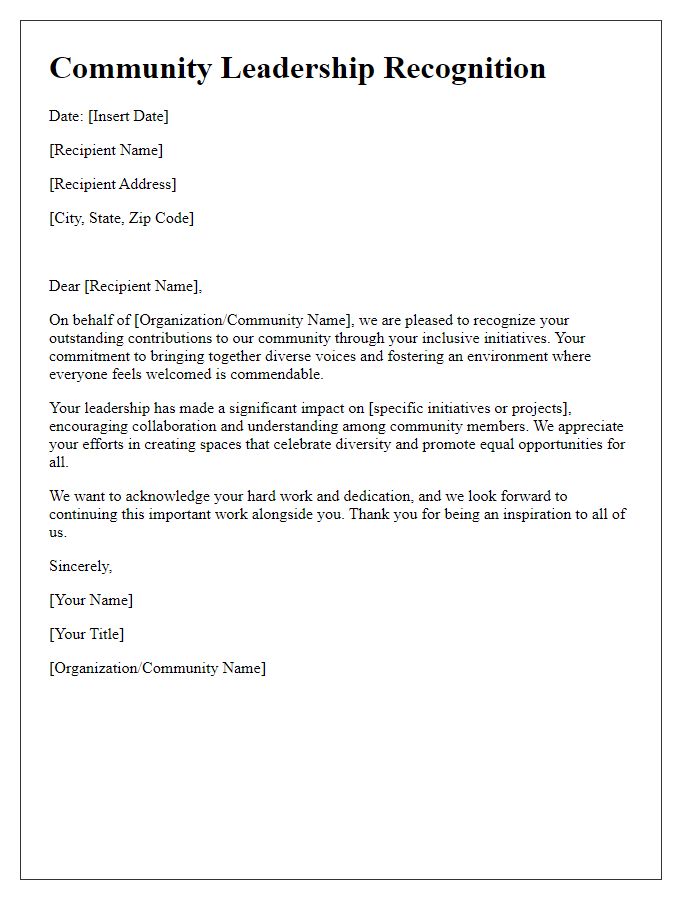 Letter template of community leadership recognition for inclusive initiatives.