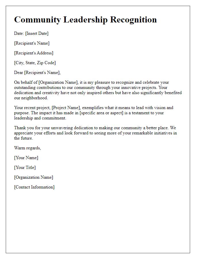 Letter template of community leadership recognition for innovative projects.