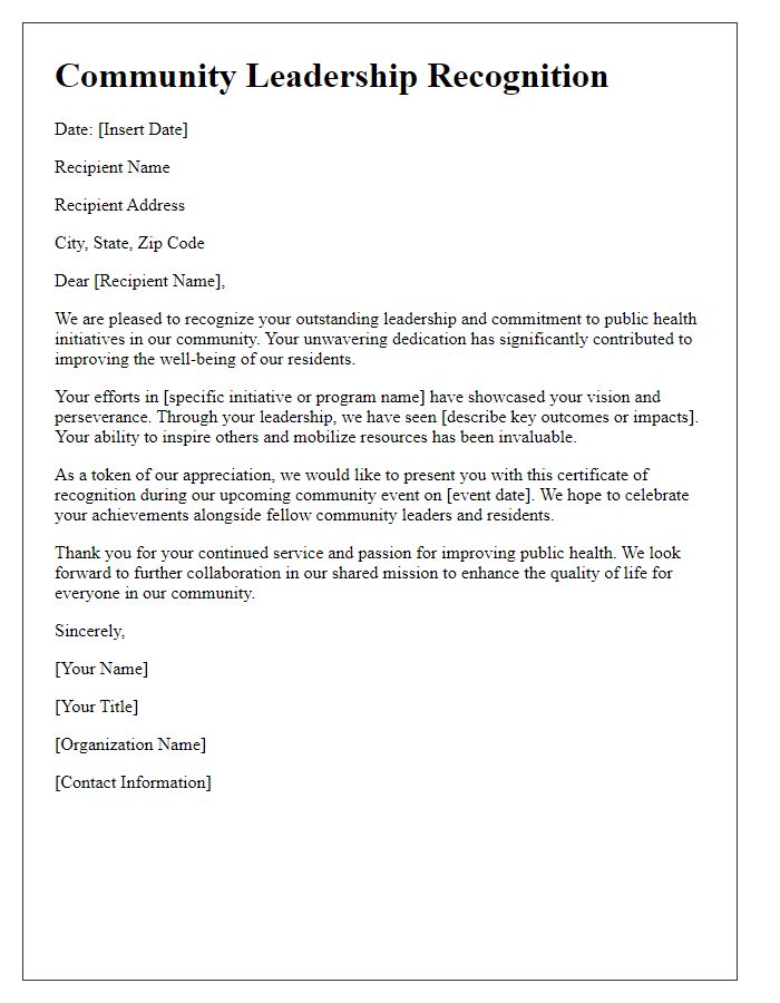 Letter template of community leadership recognition for public health initiatives.