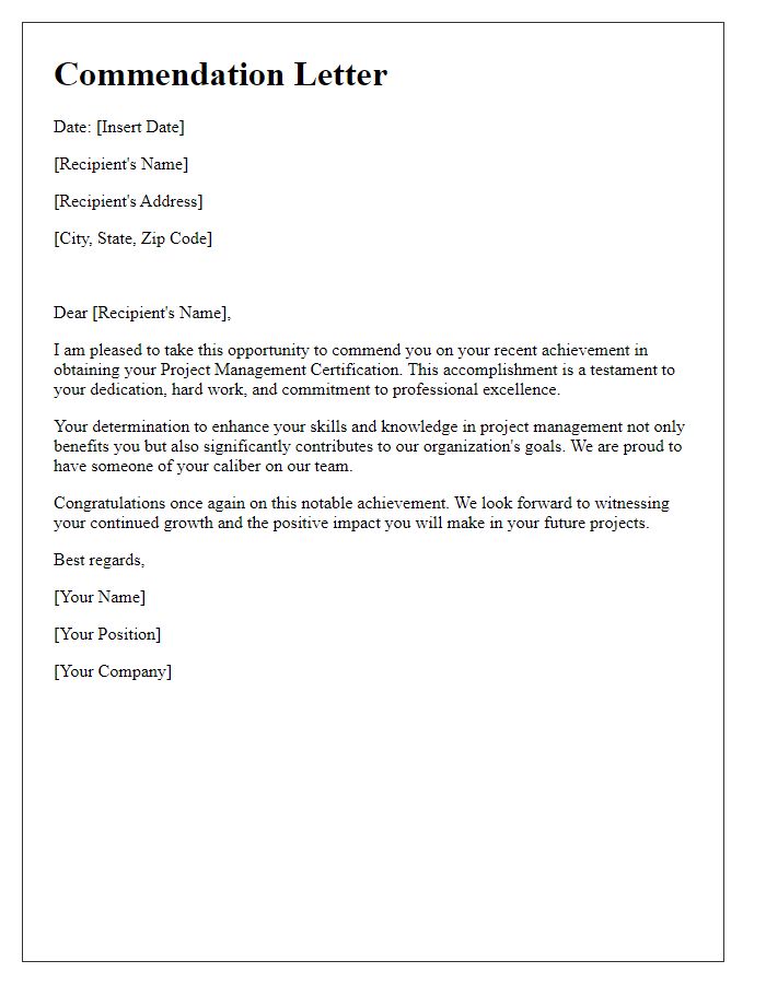 Letter template of commendation for attaining your project management certification.