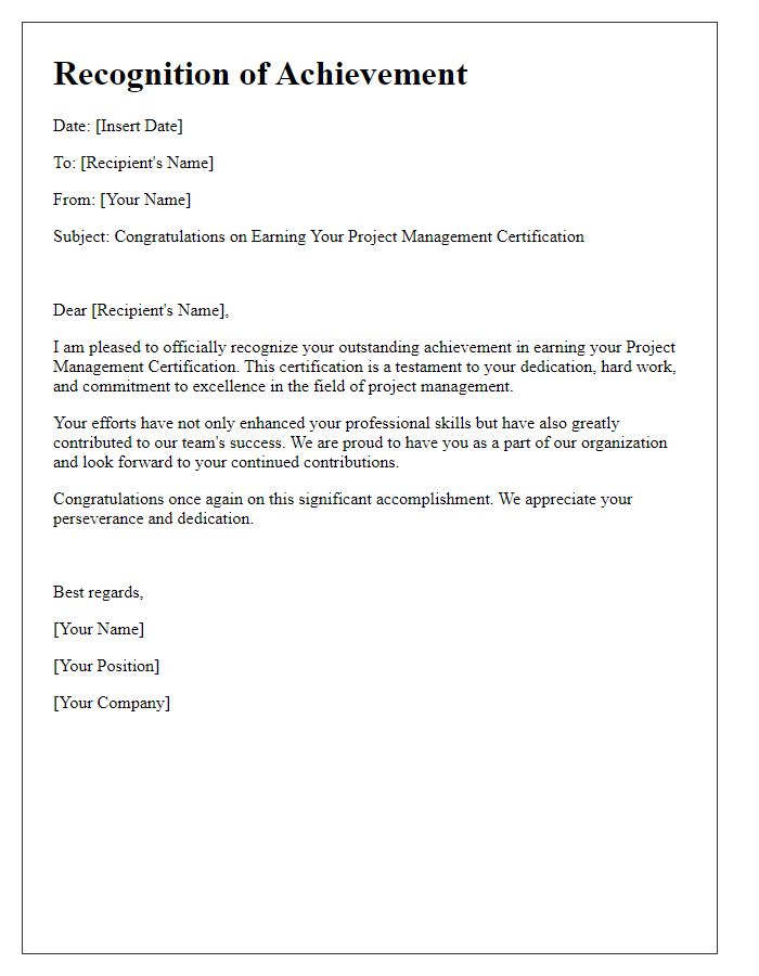 Letter template of recognition for earning your project management certification.