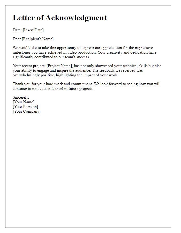 Letter template of acknowledgment for your impressive video production milestones.