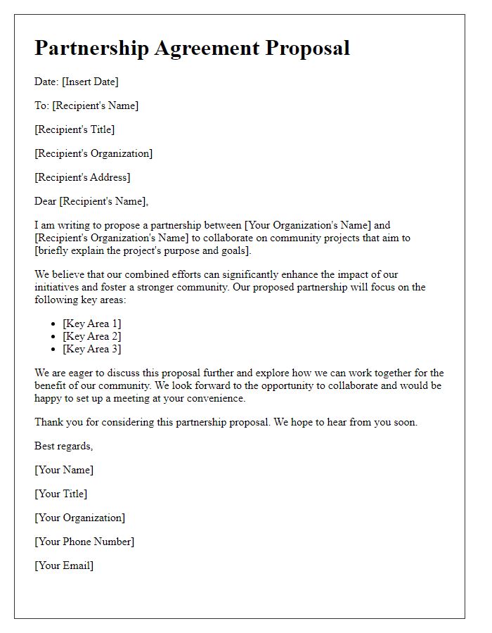 Letter template of a partnership agreement proposal for community projects.