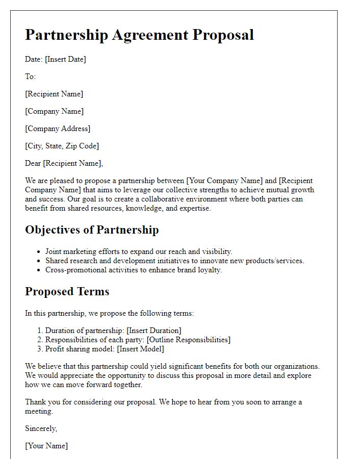 Letter template of a partnership agreement proposal for corporate collaborations.