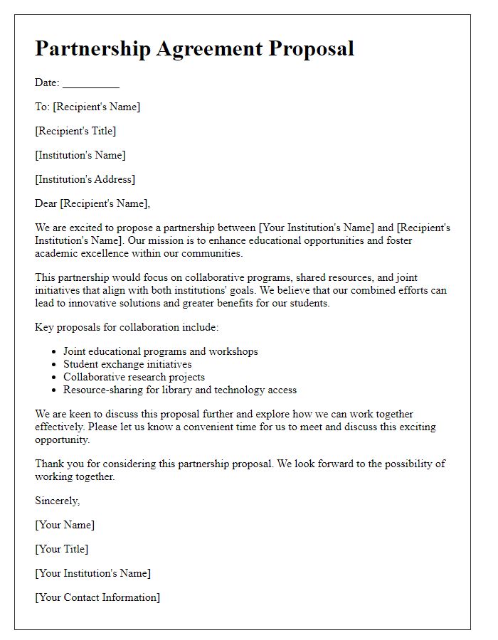 Letter template of a partnership agreement proposal for educational institutions.