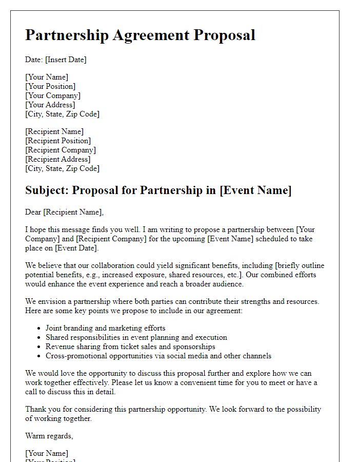 Letter template of a partnership agreement proposal for event collaborations.