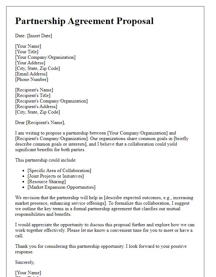 Letter template of a partnership agreement proposal for international partnerships.