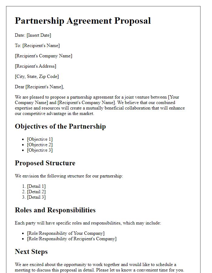 Letter template of a partnership agreement proposal for joint ventures.