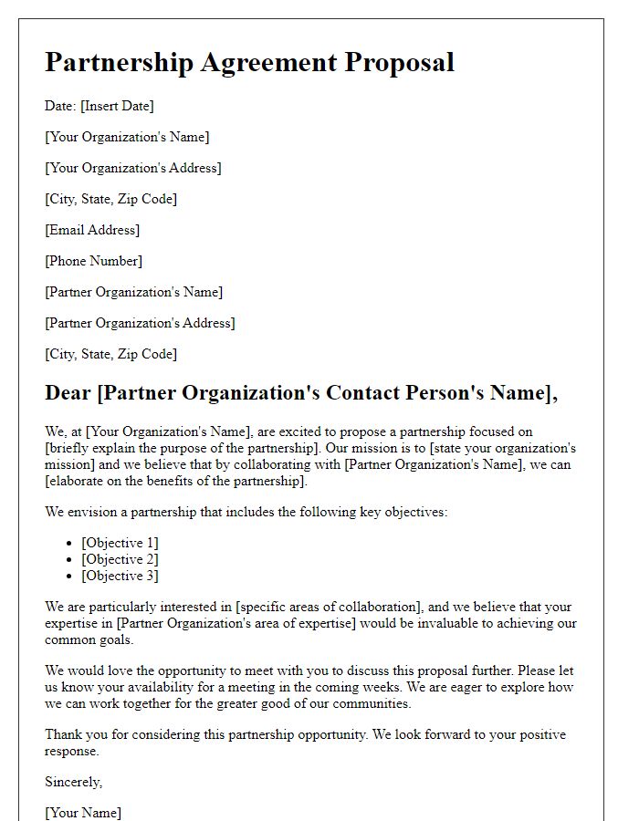 Letter template of a partnership agreement proposal for non-profit organizations.