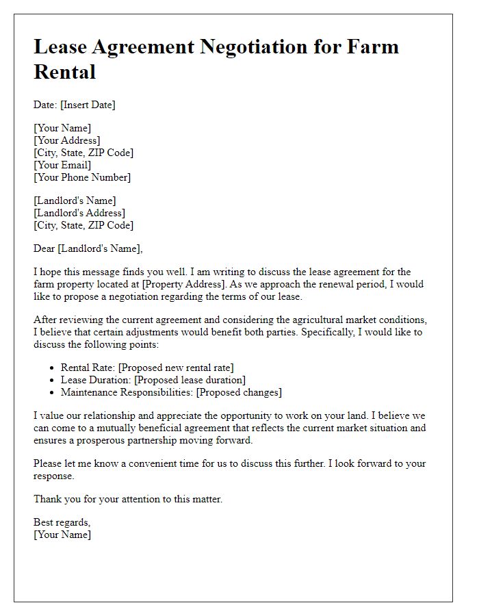 Letter template of lease agreement negotiation for farm rental.