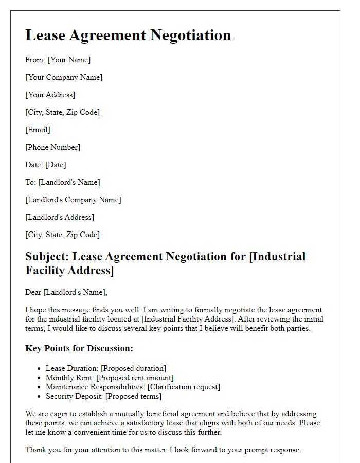 Letter template of lease agreement negotiation for industrial facility.