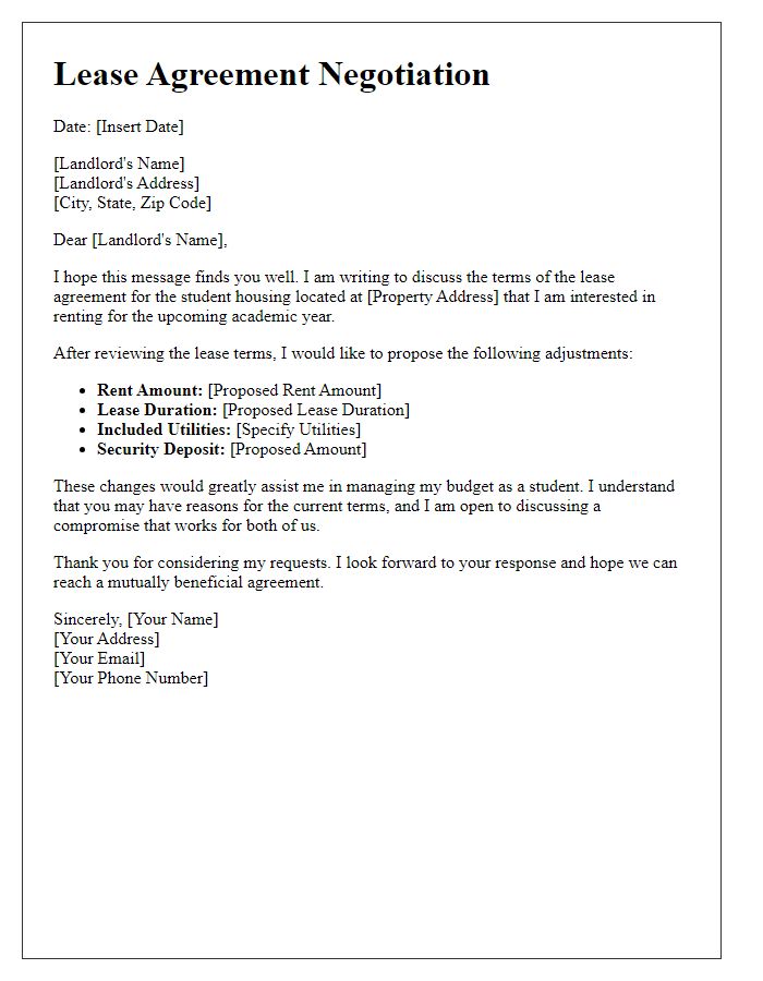 Letter template of lease agreement negotiation for student housing.