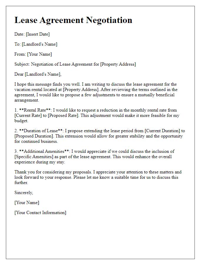 Letter template of lease agreement negotiation for vacation rental.