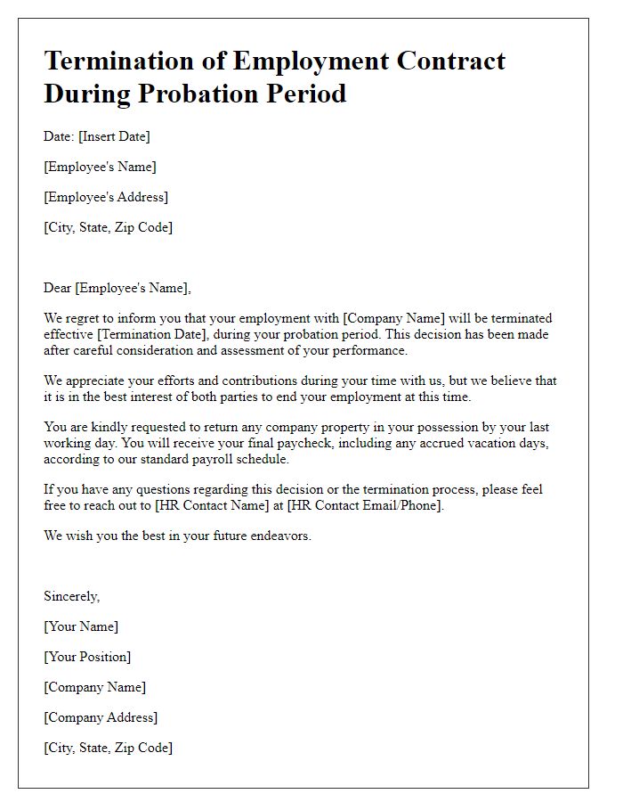 Letter template of employment contract termination during probation period.