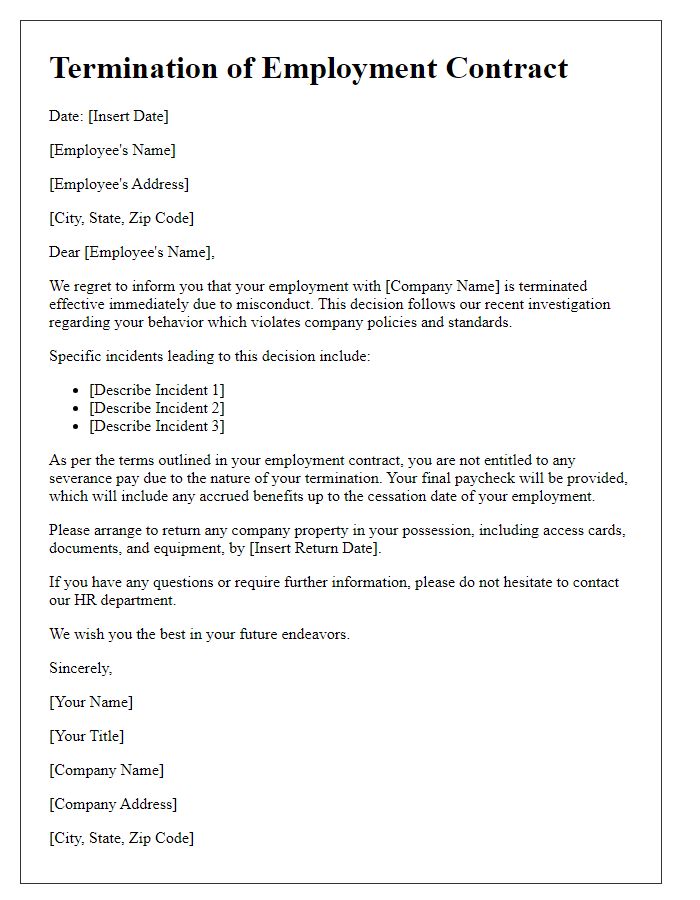 Letter template of employment contract termination for misconduct.