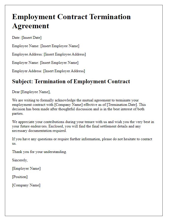 Letter template of employment contract termination with mutual agreement.