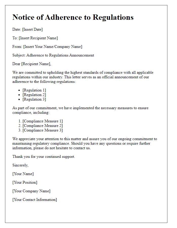 Letter template of adherence to regulations announcement