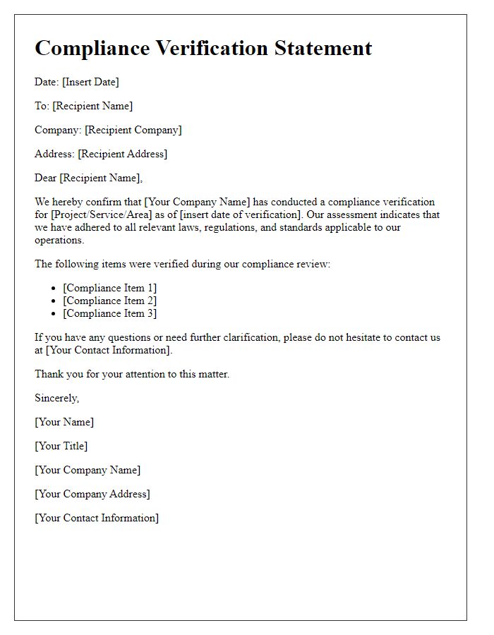 Letter template of compliance verification statement