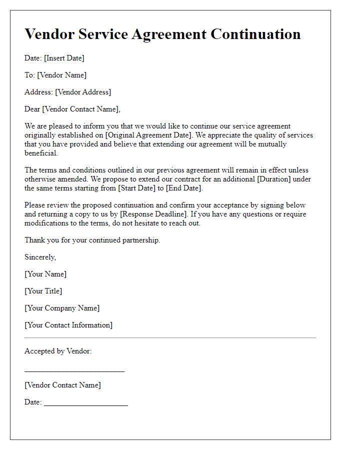 Letter template of vendor service agreement continuation